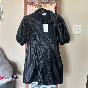THML Black Faux Leather Button-Front Puff Sleeve Shirt Dress